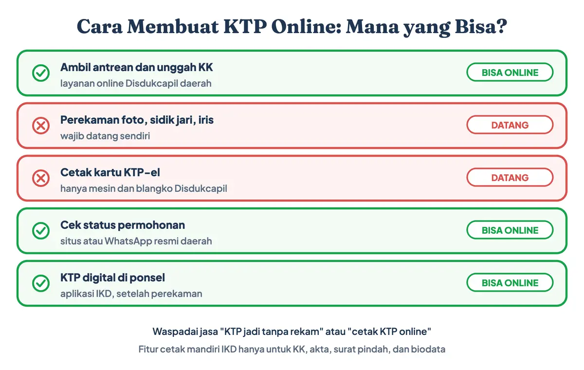 Cara membuat KTP online: antrean dan unggah KK bisa online, perekaman biometrik dan cetak kartu tidak bisa online, KTP digital lewat aplikasi IKD setelah perekaman