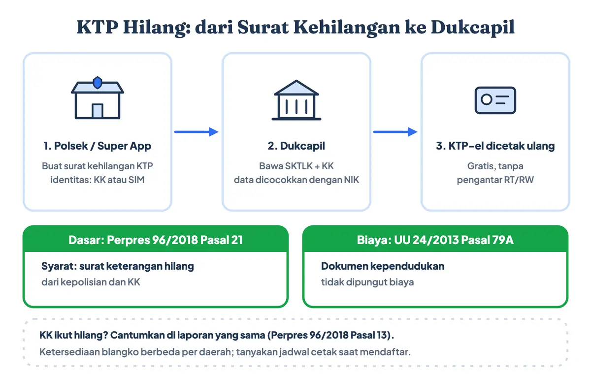 Cara buat surat kehilangan KTP di Polsek atau Super App Polri saat KTP hilang, lalu mengurus KTP baru dengan membawa SKTLK dan KK ke Dukcapil untuk cetak ulang KTP-el gratis tanpa pengantar RT/RW