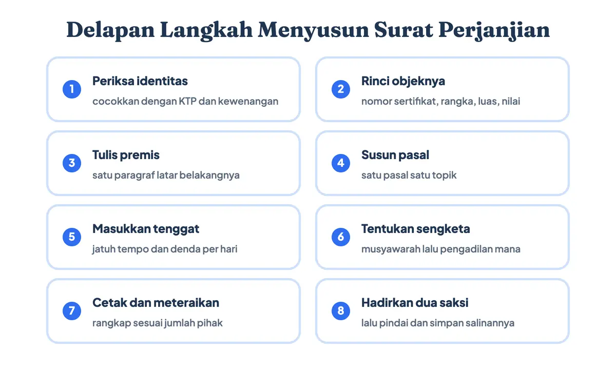 Cara membuat surat perjanjian dalam delapan langkah dari memeriksa identitas para pihak sampai menandatangani di atas meterai bersama saksi