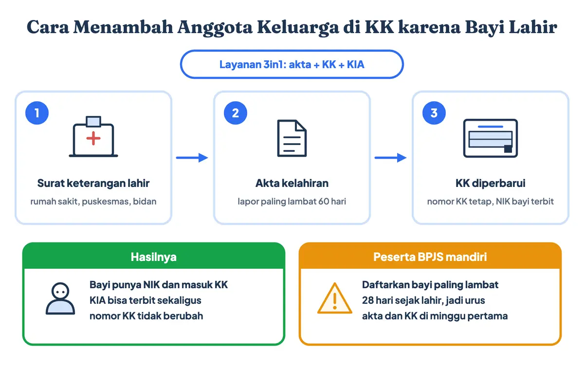 Cara menambah anggota keluarga di KK karena bayi lahir: surat keterangan lahir, akta kelahiran, layanan 3in1 akta lahir, KK, dan KIA, lalu KK baru dengan nomor tetap dan NIK bayi