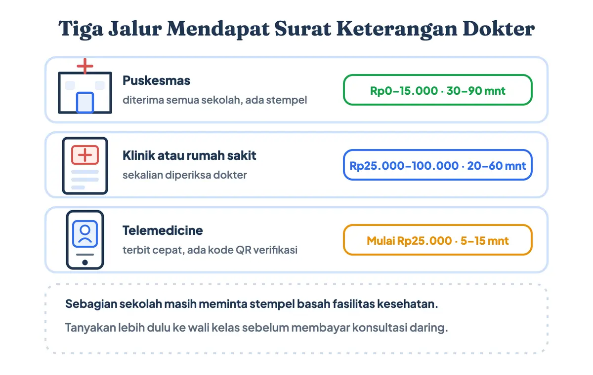 Tiga jalur mendapatkan surat keterangan dokter untuk surat izin sakit sekolah: puskesmas, klinik atau rumah sakit, dan layanan telemedicine