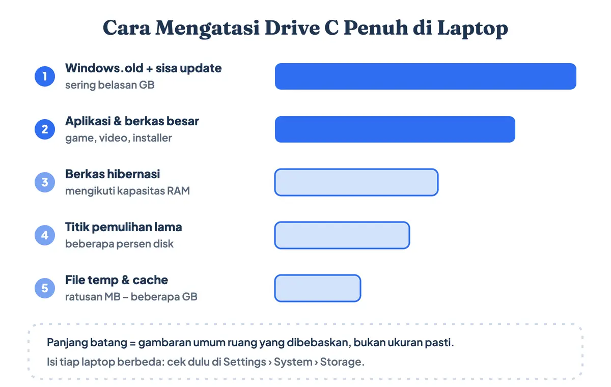 Cara mengatasi drive C penuh di laptop, urutan cara menghapus sampah di laptop dari hasil terbesar: Windows.old dan sisa pembaruan, aplikasi dan berkas besar, berkas hibernasi, titik pemulihan, lalu file temp dan cache