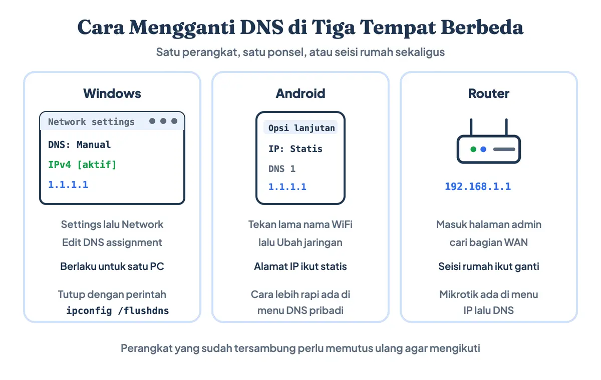 Cara mengganti DNS di tiga tempat berbeda: pengaturan DNS Windows 11, kolom DNS 1 pada WiFi statis Android, dan halaman admin router