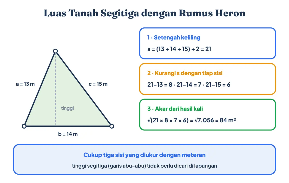 Cara mencari luas tanah segitiga sembarang dengan rumus Heron dari tiga sisi 13, 14, dan 15 meter