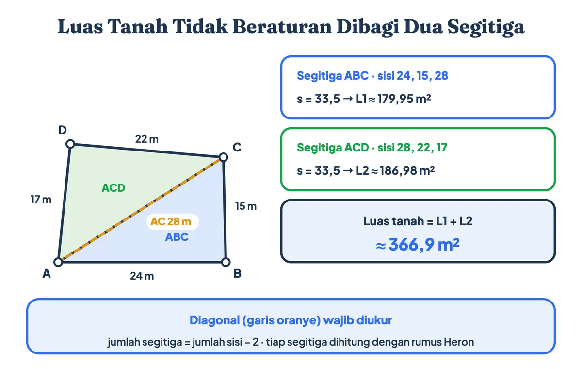 Cara menghitung luas tanah tidak beraturan atau luas lahan empat sisi dengan membagi bidang menjadi dua segitiga lewat diagonal AC