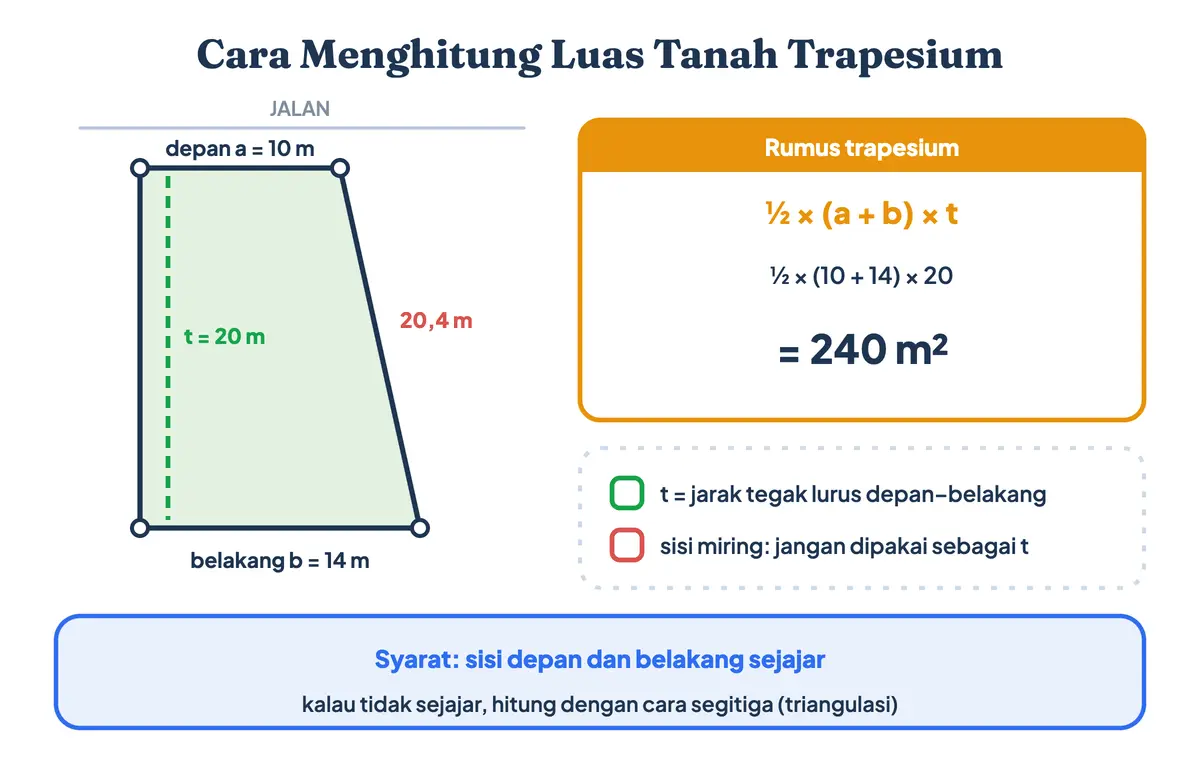 Cara menghitung luas tanah trapesium dengan sisi depan 10 meter, sisi belakang 14 meter, dan kedalaman tegak lurus 20 meter