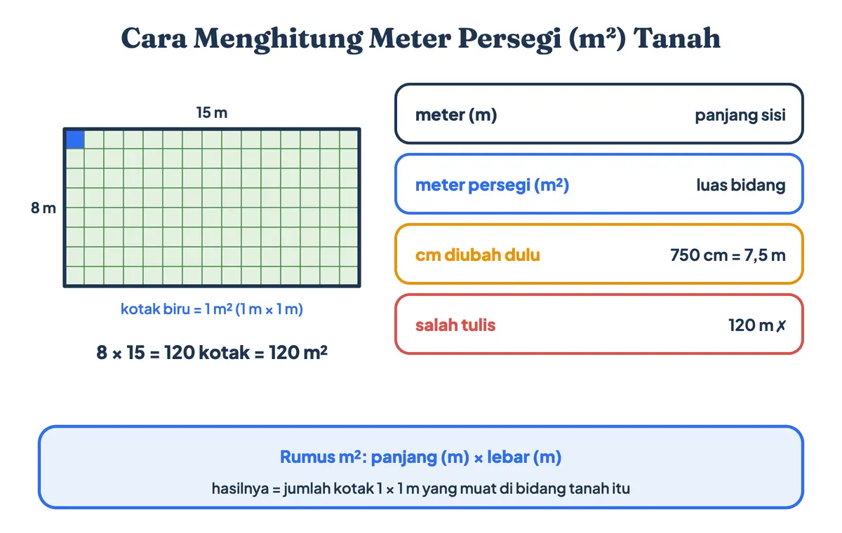 Cara menghitung m2 luas tanah dengan rumus m2 panjang kali lebar: kavling 8 × 15 meter berisi 120 kotak satu meter persegi