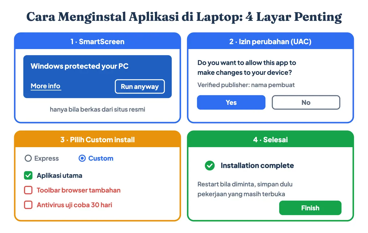 Cara menginstal aplikasi di laptop: layar SmartScreen dengan More info dan Run anyway, izin UAC Yes, pilihan Custom install dengan tawaran program tambahan yang dilepas centangnya, lalu Finish