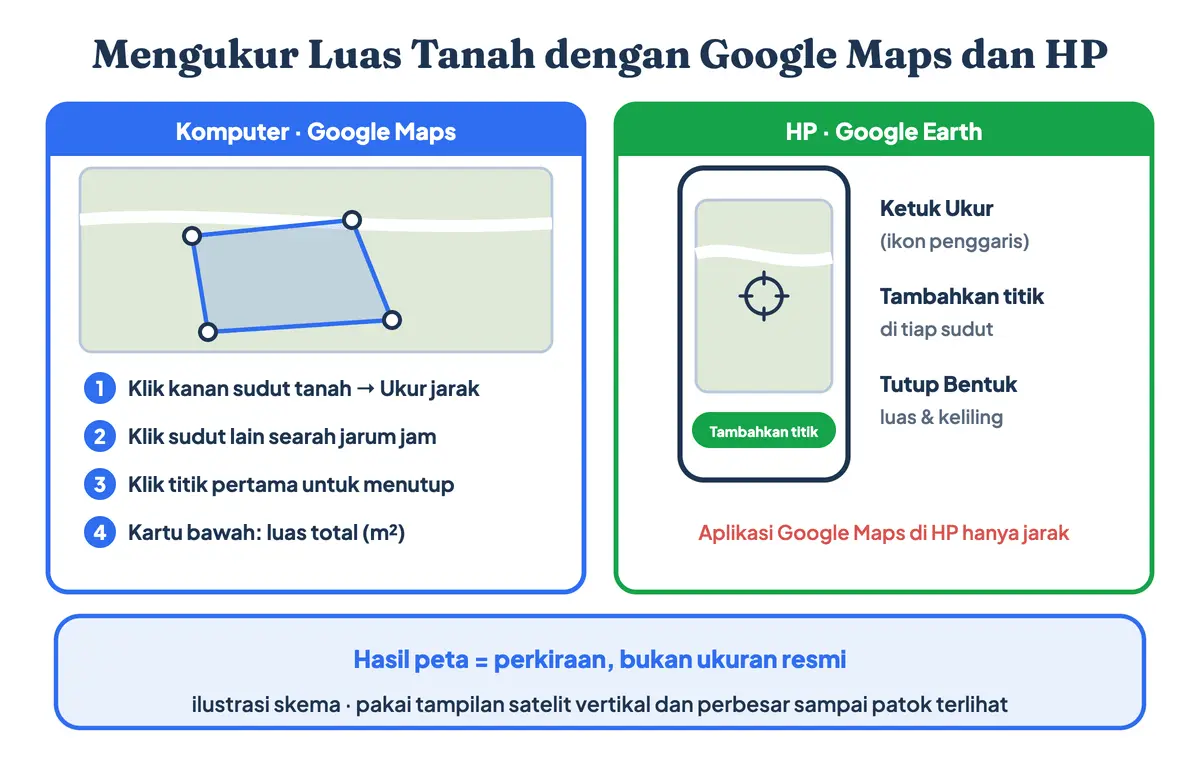 Cara ukur luas tanah di Google Maps komputer lewat menu Ukur jarak, dan cara mengukur luas tanah dengan HP lewat Tutup Bentuk di Google Earth