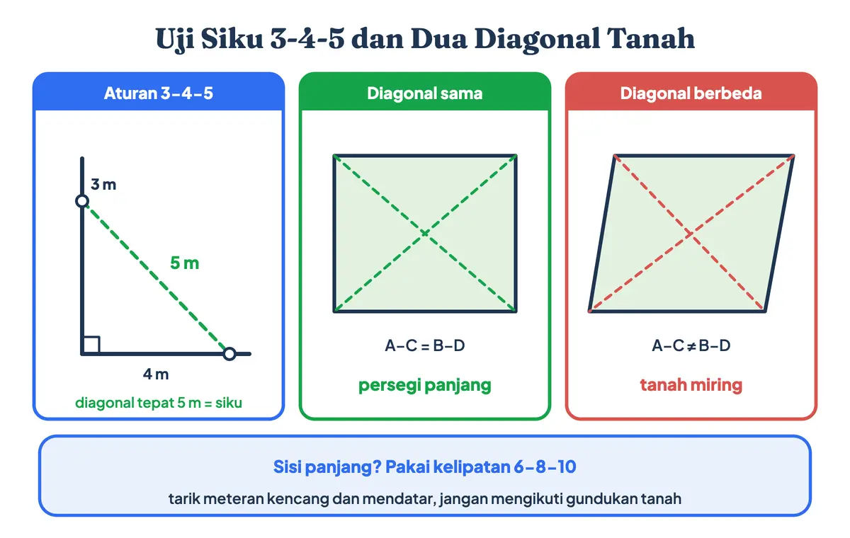 Cara ukur tanah dengan aturan siku 3-4-5 dan uji dua diagonal sama panjang sebelum menghitung luas tanah