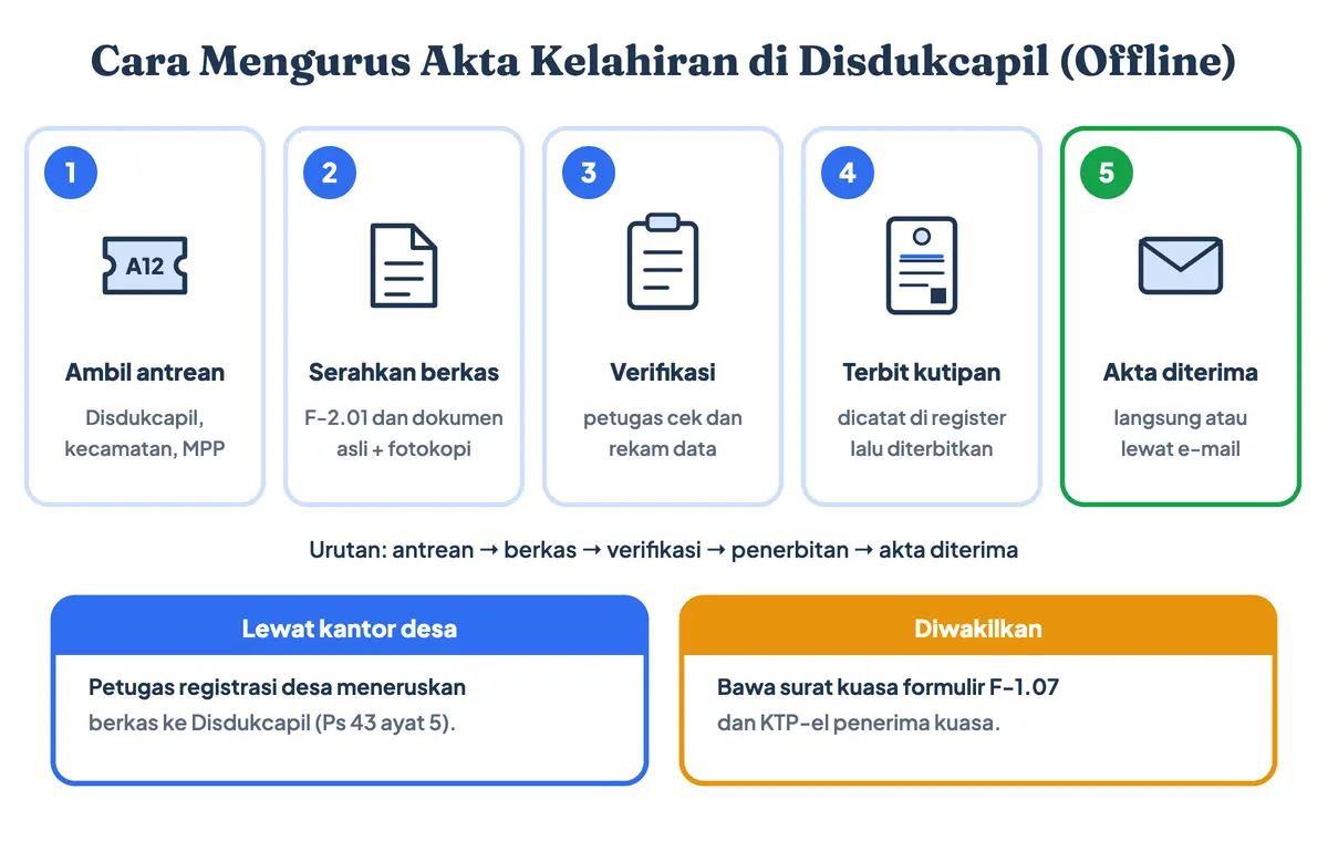 Cara mengurus akta kelahiran di Disdukcapil secara offline: ambil antrean, serahkan formulir F-2.01 dan berkas, verifikasi dan perekaman data, penerbitan kutipan akta kelahiran, lalu akta diterima atau dikirim ke e-mail