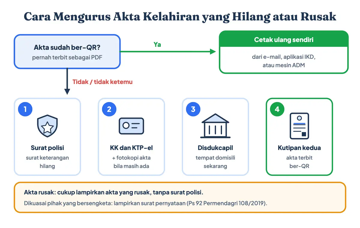 Cara mengurus akta kelahiran yang hilang atau rusak: cek PDF di e-mail atau IKD, lalu langkah mengurus akta kelahiran hilang dengan surat kehilangan kepolisian, KK, dan KTP-el di Disdukcapil domisili untuk kutipan kedua
