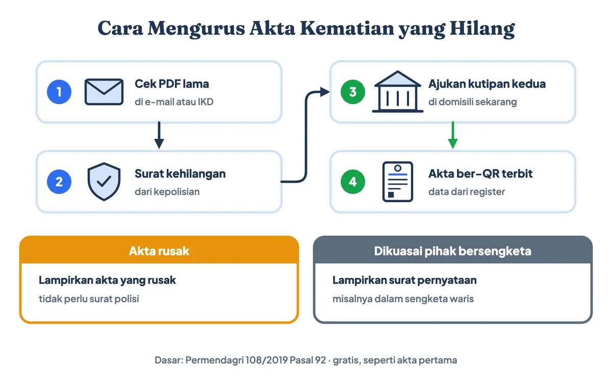 Cara mengurus akta kematian yang hilang atau rusak: cek PDF di e-mail atau IKD, buat surat kehilangan kepolisian, ajukan kutipan kedua di Disdukcapil domisili sekarang, lalu terima akta kematian ber-QR