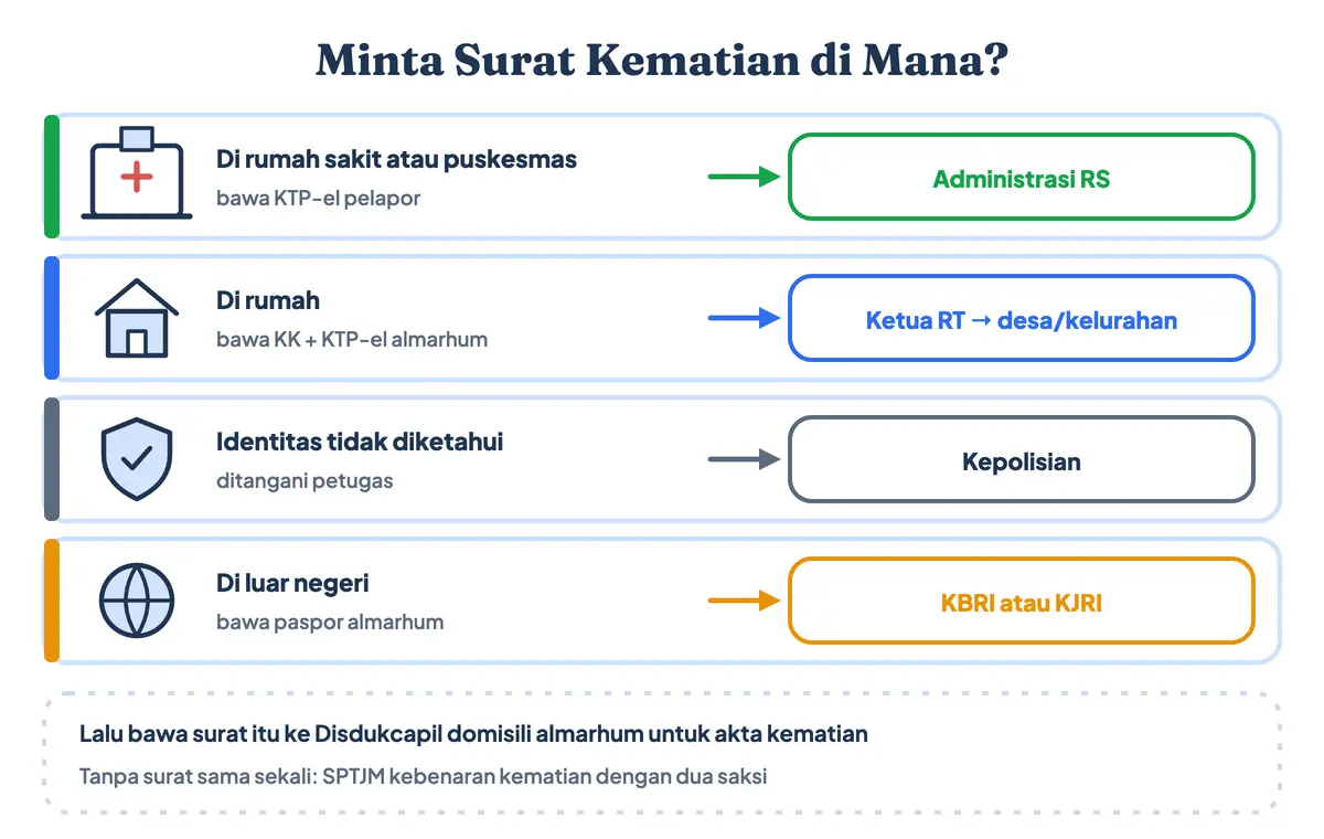 Cara mengurus surat kematian dan minta surat kematian di mana: meninggal di rumah sakit minta ke bagian administrasi, meninggal di rumah lewat surat pengantar RT lalu surat keterangan kematian dari desa atau kelurahan, identitas tidak diketahui lewat polisi, dan luar negeri lewat KBRI