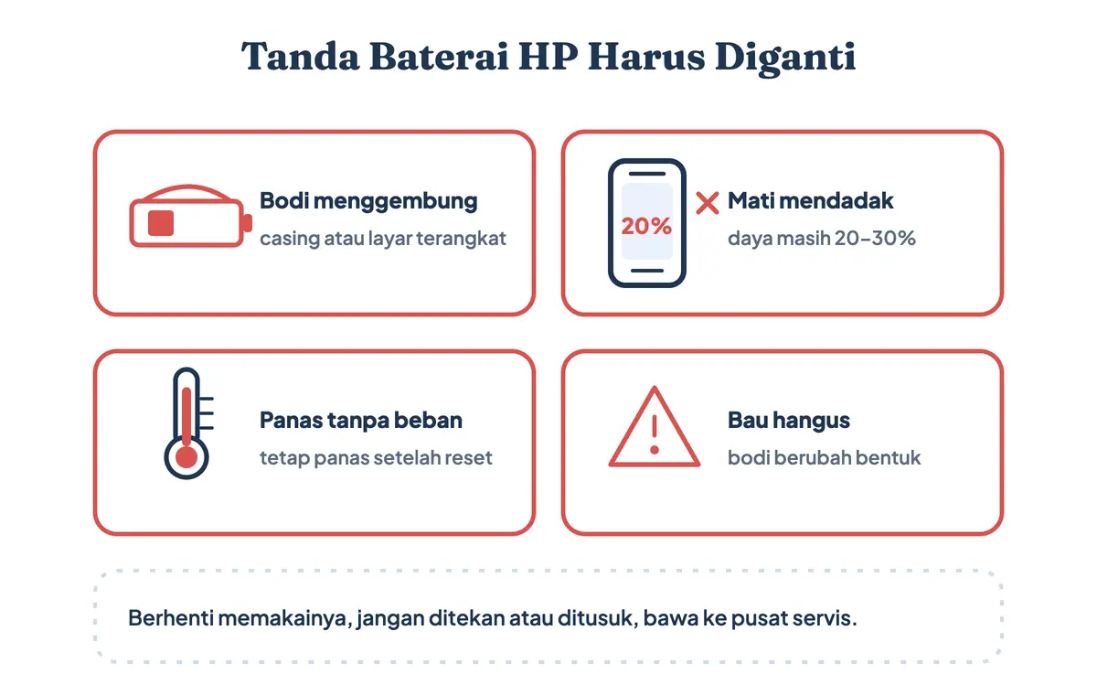 Ciri baterai HP harus diganti saat HP cepat panas: bodi menggembung, mati mendadak di 20 persen, panas tanpa beban