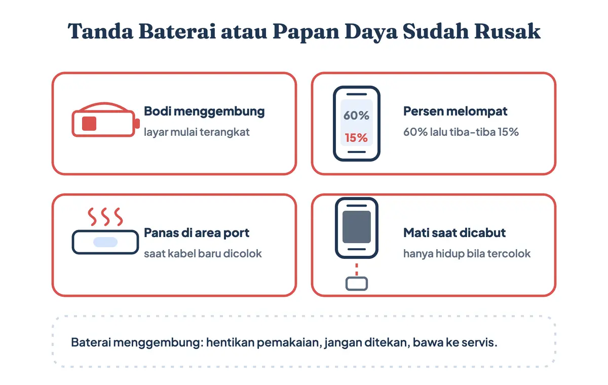Tanda baterai atau papan daya rusak saat HP tidak bisa di cas, dari bodi menggembung sampai mati begitu kabel dicabut