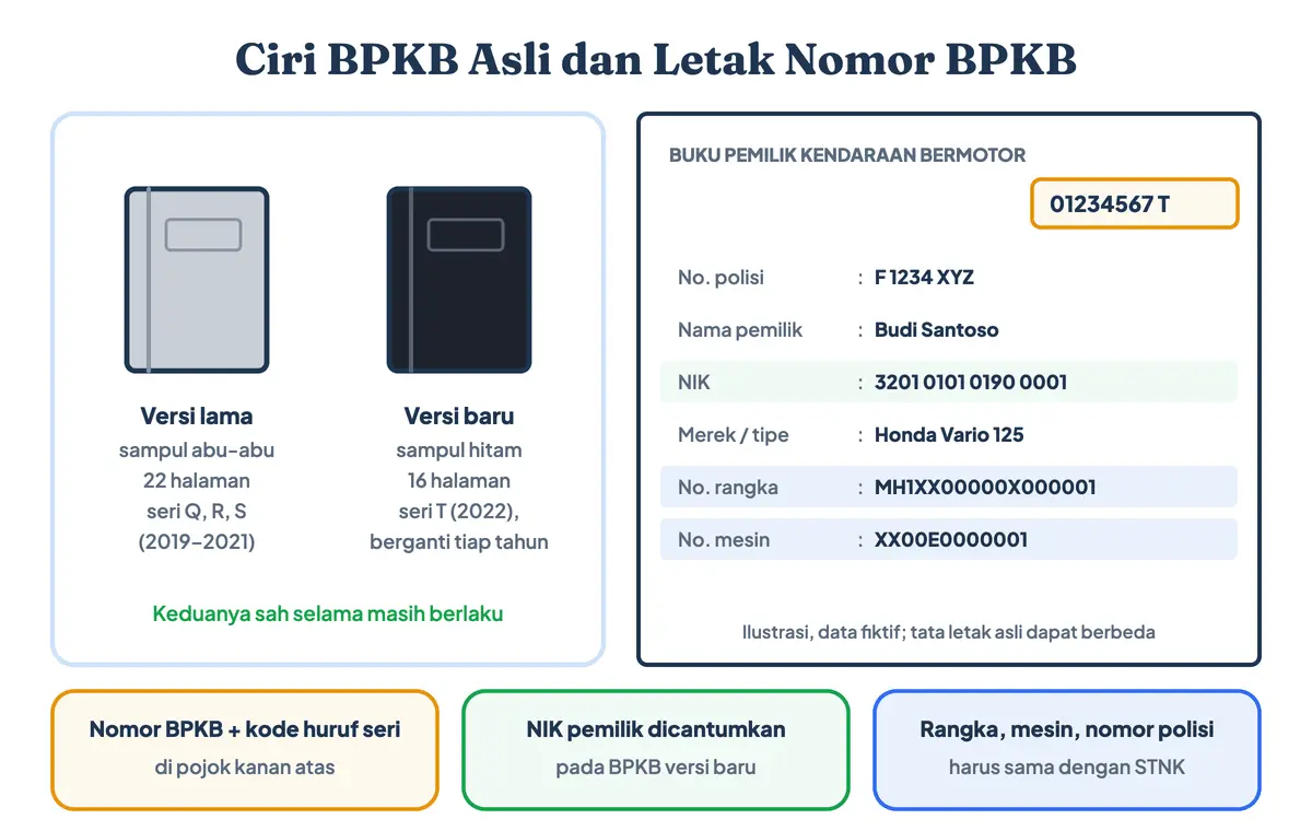 Nomor BPKB yang mana? Nomor BPKB ada di pojok kanan atas dengan kode huruf seri; ciri BPKB asli lainnya: BPKB baru bersampul hitam 16 halaman dan mencantumkan NIK, versi lama abu-abu 22 halaman