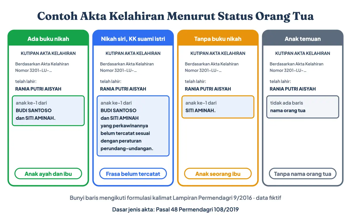 Contoh akta kelahiran anak nikah siri dengan frasa perkawinan belum tercatat, contoh akta kelahiran tanpa buku nikah sebagai anak seorang ibu, akta anak ayah dan ibu, dan akta anak temuan tanpa nama orang tua, sesuai bunyi baris resmi