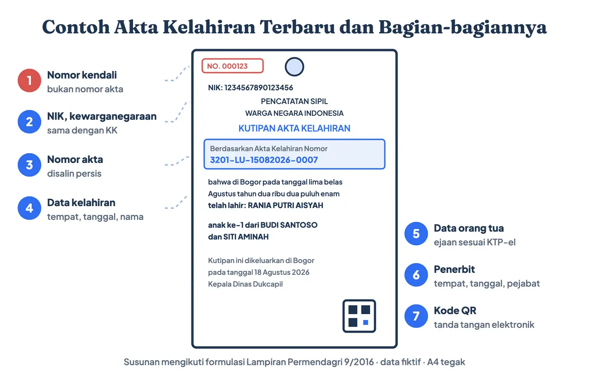 Contoh akta kelahiran terbaru dan bagian-bagiannya: nomor kendali, NIK anak, letak nomor registrasi akta kelahiran setelah tulisan Berdasarkan Akta Kelahiran Nomor, data kelahiran, data orang tua, pejabat penerbit, dan kode QR tanda tangan elektronik