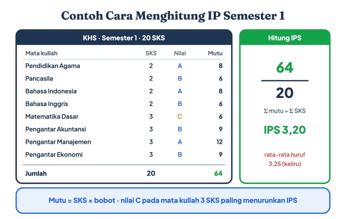 Contoh cara hitung IP semester 1 atau cara menghitung IPS dari KHS 20 SKS: angka mutu 64 dibagi 20 SKS menghasilkan IPS 3,20