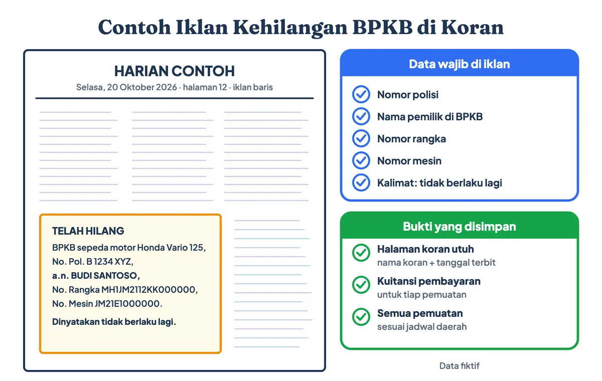 Contoh iklan kehilangan BPKB di koran dengan data fiktif: nomor polisi, nama pemilik, nomor rangka, nomor mesin, dan kalimat dinyatakan tidak berlaku lagi, plus bukti yang disimpan