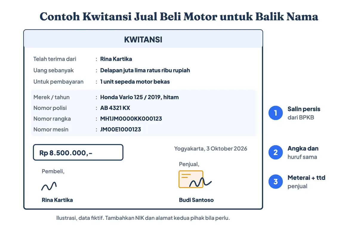 Contoh kwitansi jual beli motor untuk balik nama yang sah dan sudah diisi: data penjual dan pembeli, nomor polisi, nomor rangka, nomor mesin, harga, dan meterai Rp10.000 (data fiktif)