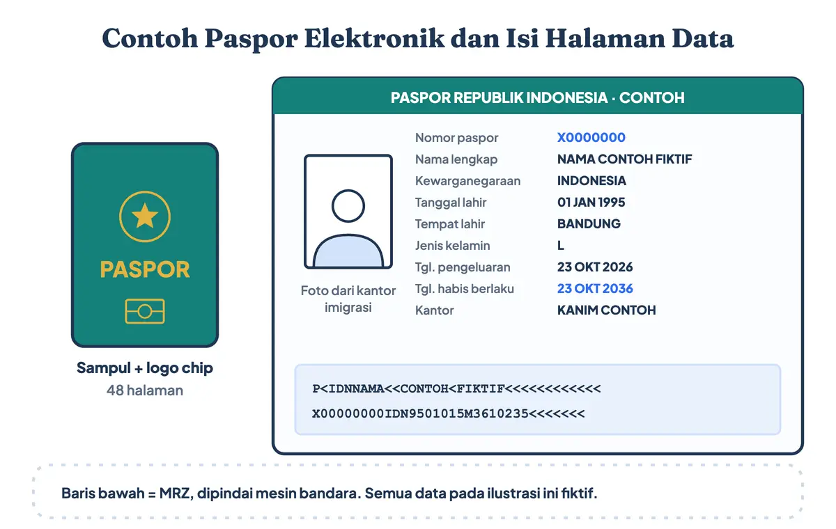 Contoh paspor Indonesia terbaru (passport Indonesia) berupa paspor elektronik: isi halaman data berisi foto, nomor paspor, nama, tanggal lahir, tanggal habis berlaku, kantor penerbit, dan baris MRZ, dengan logo chip di sampul (ilustrasi data fiktif)