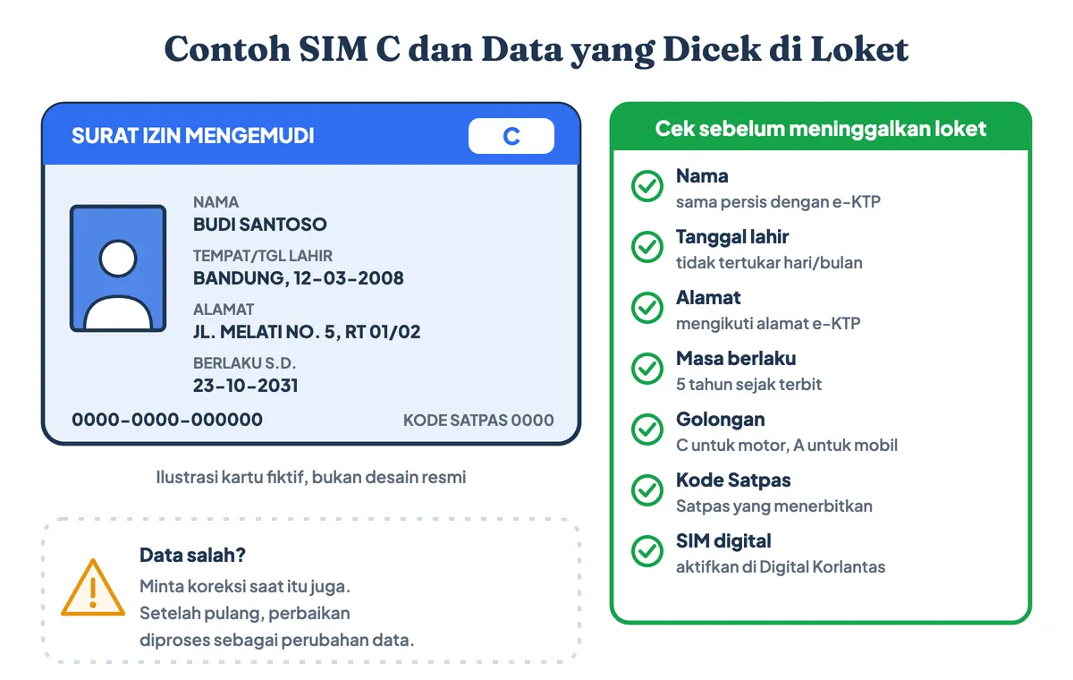 Contoh SIM C dan gambar kartu Surat Izin Mengemudi (kepanjangan SIM adalah Surat Izin Mengemudi) dengan data yang dicek setelah dicetak: nama, foto SIM, tempat dan tanggal lahir, alamat sesuai e-KTP, golongan, masa berlaku SIM C lima tahun, kode Satpas penerbit SIM, serta aktivasi SIM digital; ilustrasi kartu fiktif, bukan desain resmi