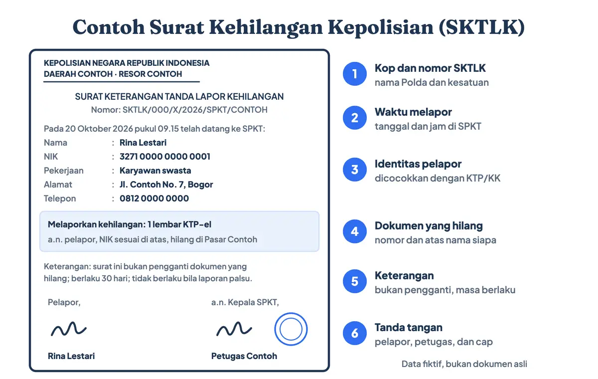 Contoh surat kehilangan KTP dari kepolisian (SKTLK) dengan data fiktif: kop Polri, nomor surat, identitas pelapor, uraian dokumen yang hilang, masa berlaku, serta tanda tangan pelapor dan petugas SPKT