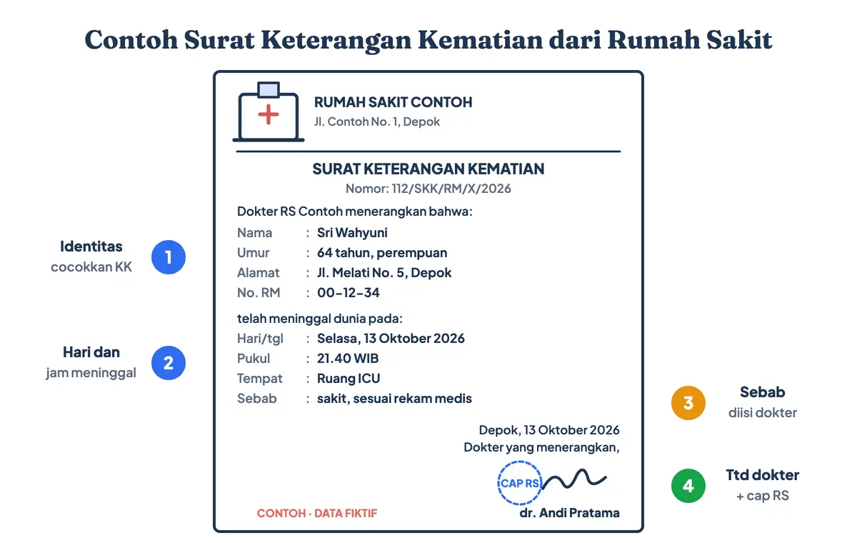 Contoh surat kematian dari rumah sakit berupa contoh surat keterangan kematian yang ditandatangani dokter dan diisi data fiktif: identitas pasien dan nomor rekam medis, hari, tanggal, jam, dan tempat meninggal, sebab kematian, serta tanda tangan dokter dan cap rumah sakit
