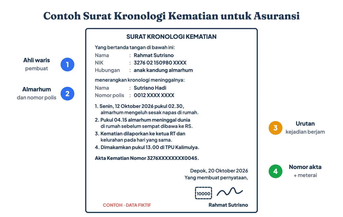 Contoh surat kronologi kematian untuk klaim asuransi yang sudah diisi data fiktif: identitas ahli waris, almarhum dan nomor polis, urutan kejadian dengan jam, nomor akta kematian, dan tanda tangan bermeterai. Isi surat kronologi kematian untuk asuransi ini sama dengan surat kronologis kematian untuk bank dan contoh surat kronologis kematian di rumah