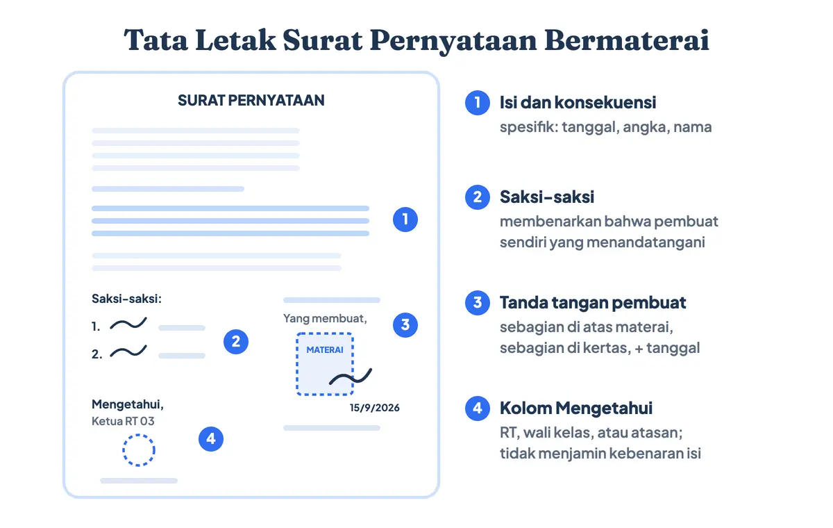 Tata letak contoh surat pernyataan bermaterai: kolom saksi di kiri, tanda tangan surat pernyataan di atas materai di kanan, dan kolom mengetahui di bawah