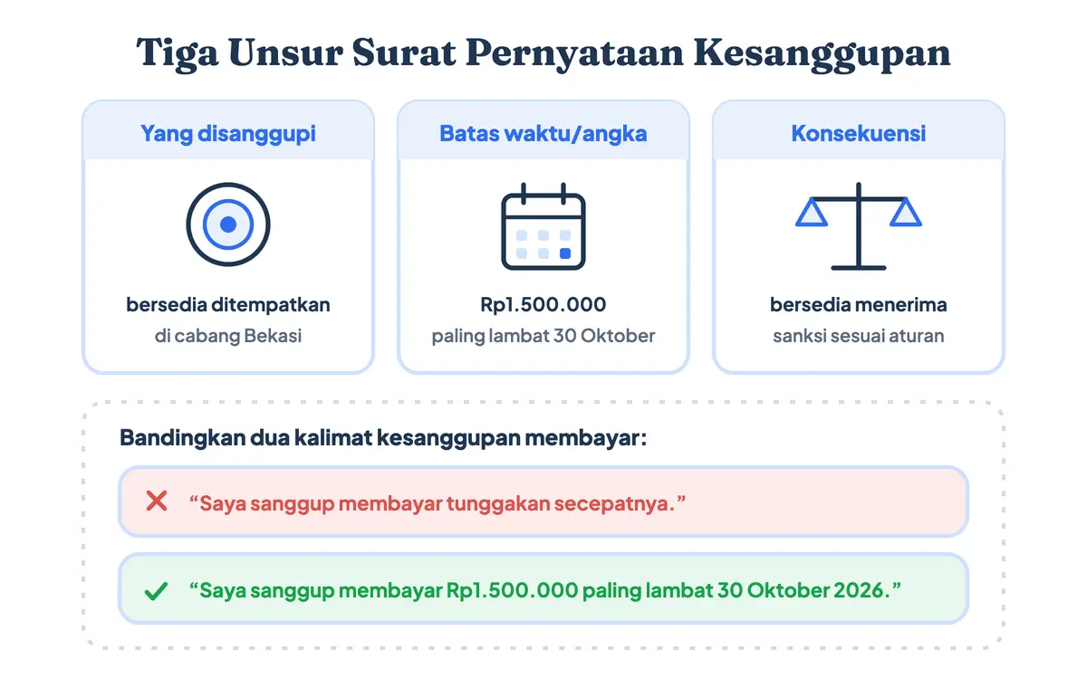Tiga unsur surat pernyataan kesanggupan kerja dan membayar: hal yang disanggupi, batas waktu atau angka, dan konsekuensi, dengan contoh kalimat kesanggupan yang kabur dan yang spesifik