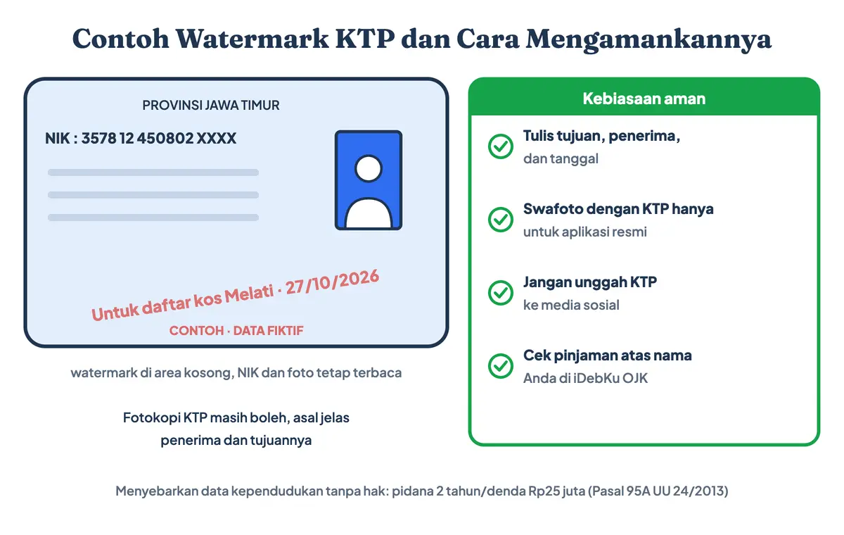 Contoh watermark KTP berisi tujuan, penerima, dan tanggal tanpa menutupi NIK, ditambah cara aman membuat swafoto KTP (foto KTP dan selfie) untuk verifikasi akun