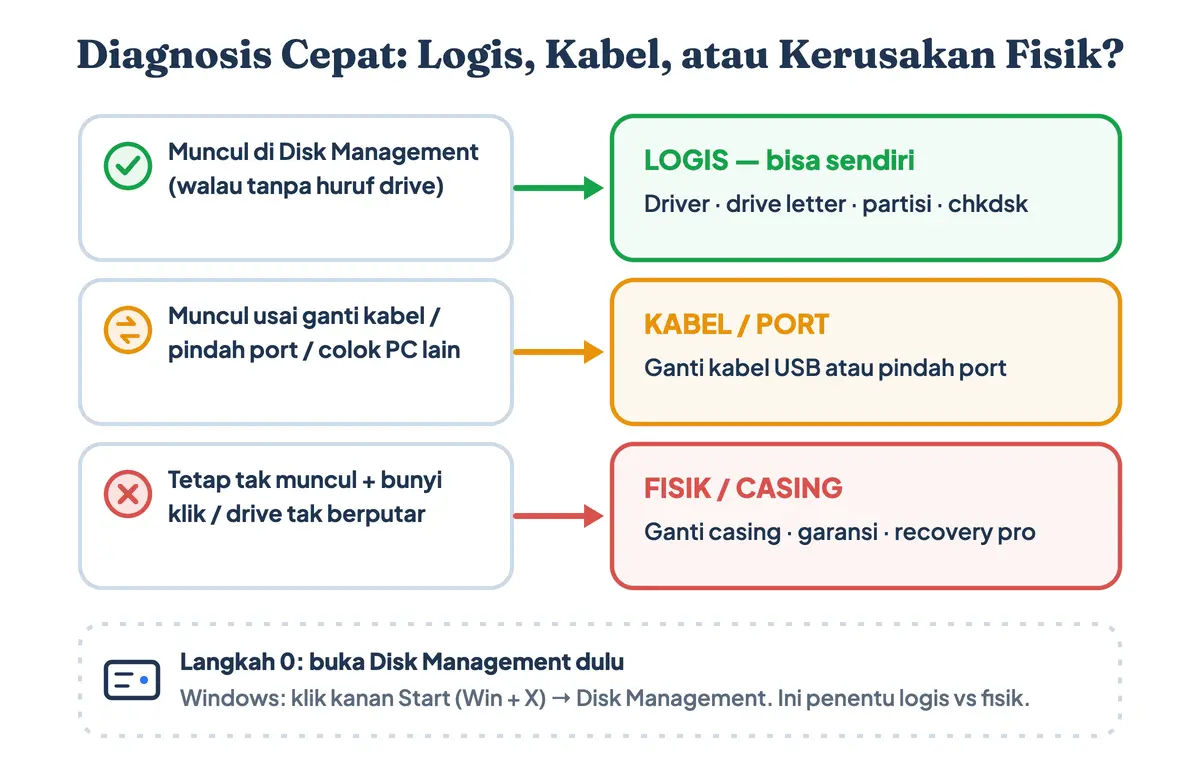 Diagram diagnosis hardisk eksternal tidak terbaca: cek Disk Management untuk membedakan masalah logis, kabel, atau kerusakan fisik