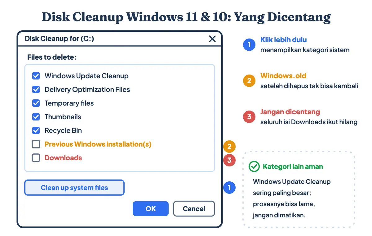 Disk Cleanup Windows 11 dan 10 untuk membersihkan sampah laptop: kategori Windows Update Cleanup, Temporary files, Recycle Bin, dan Delivery Optimization aman dicentang, kategori Downloads bertanda bahaya, serta tombol Clean up system files