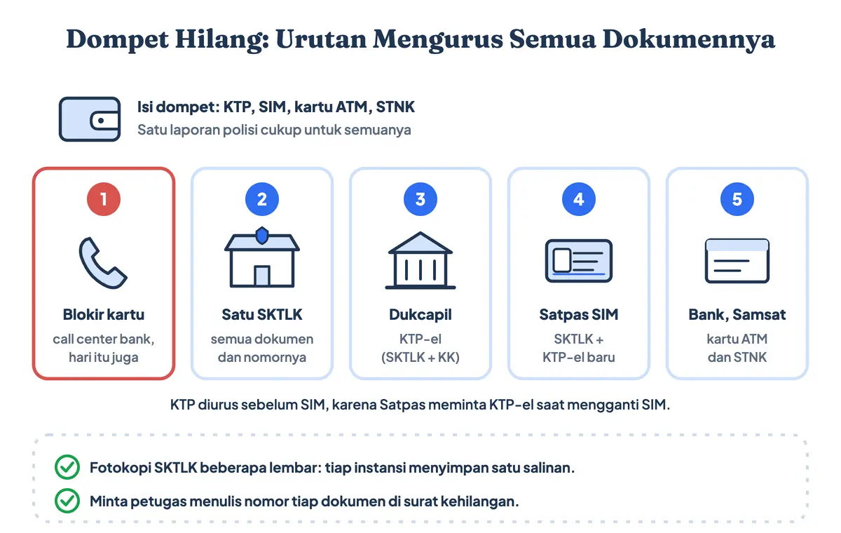 Dompet hilang berisi KTP, SIM, ATM, dan STNK: blokir kartu bank, buat satu surat kehilangan kepolisian untuk semua dokumen termasuk surat kehilangan SIM, lalu urus KTP di Dukcapil, SIM di Satpas, ATM di bank, dan STNK di Samsat