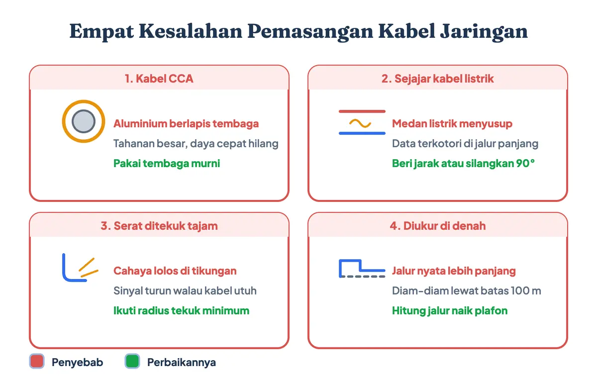 Empat kesalahan pemasangan kabel jaringan berdampingan dengan perbaikannya: kabel CCA aluminium berlapis tembaga, kabel data yang ditarik sejajar kabel listrik, serat optik ditekuk tajam, dan panjang jalur yang hanya diukur di denah