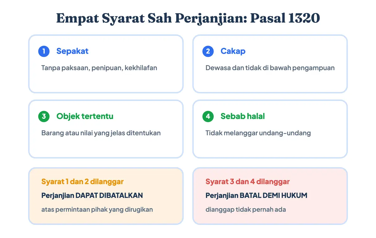 Empat syarat sah perjanjian menurut Pasal 1320 KUHPerdata yaitu sepakat, cakap, objek tertentu, dan sebab yang halal, dengan akibat berbeda bila dua syarat pertama atau dua syarat terakhir tidak terpenuhi