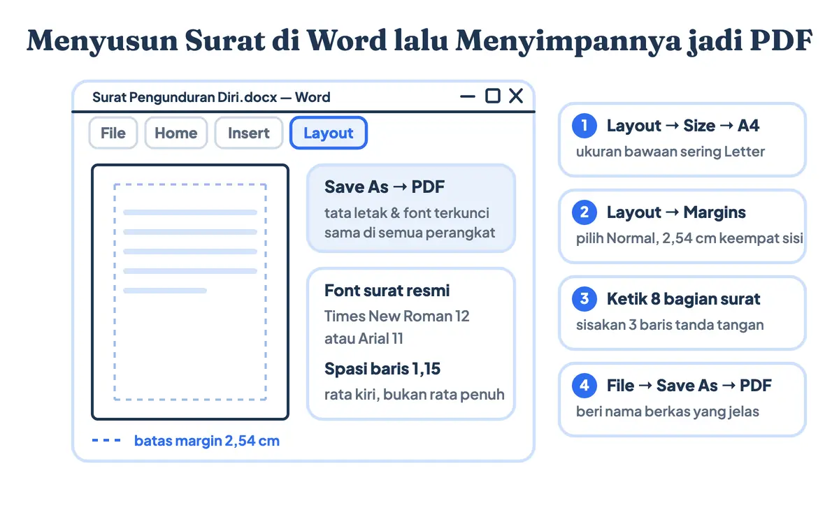 Skema jendela Microsoft Word saat menyusun surat resign: kertas A4, margin 2,54 cm, font Times New Roman, lalu simpan PDF