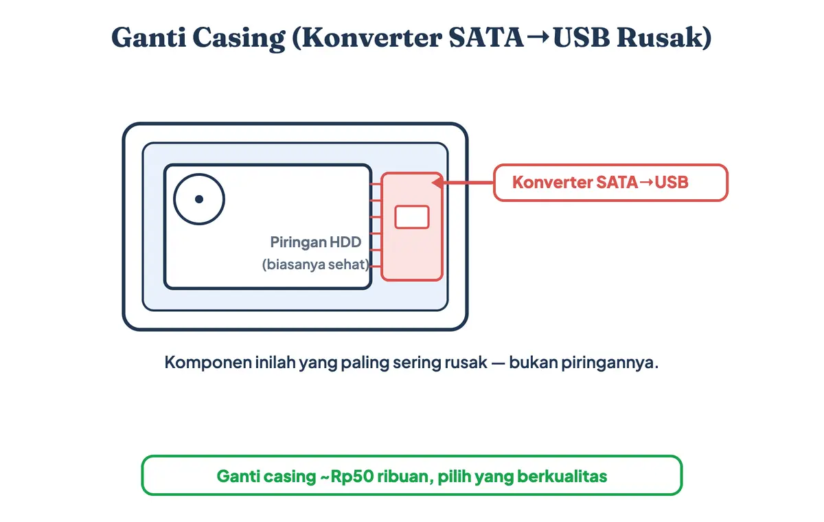 Ilustrasi casing hardisk eksternal terbuka menampilkan piringan HDD dan konverter SATA ke USB yang paling sering rusak
