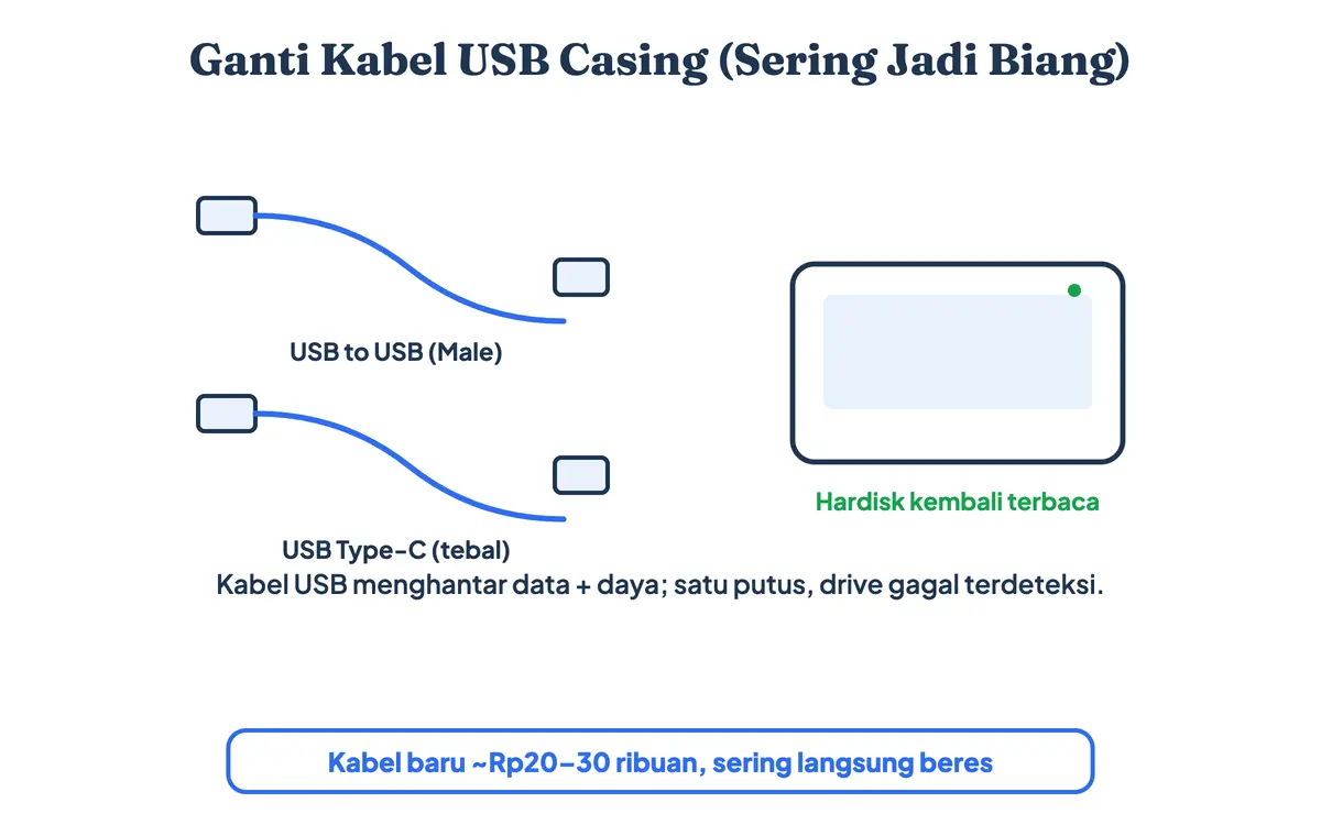 Dua jenis kabel USB casing hardisk eksternal: USB to USB Male dan USB Type-C tebal untuk mengganti kabel yang rusak