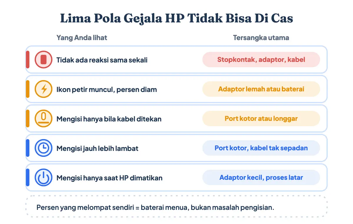 Lima pola gejala saat HP tidak bisa di cas, dari layar tanpa reaksi sampai persentase yang diam di tempat