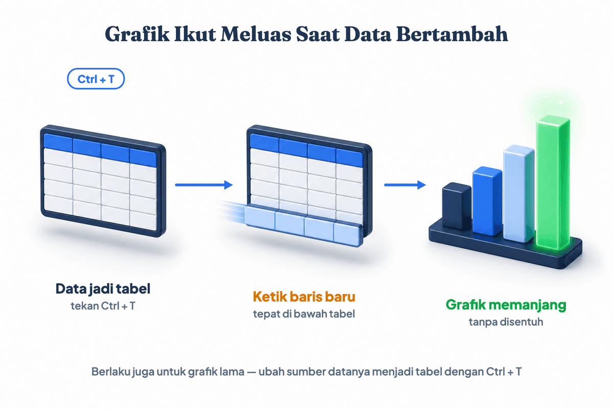 Alur membuat grafik Excel yang meluas otomatis: data dijadikan Tabel Excel dengan Ctrl+T, baris baru diketik tepat di bawah tabel, lalu grafik ikut memanjang tanpa diedit