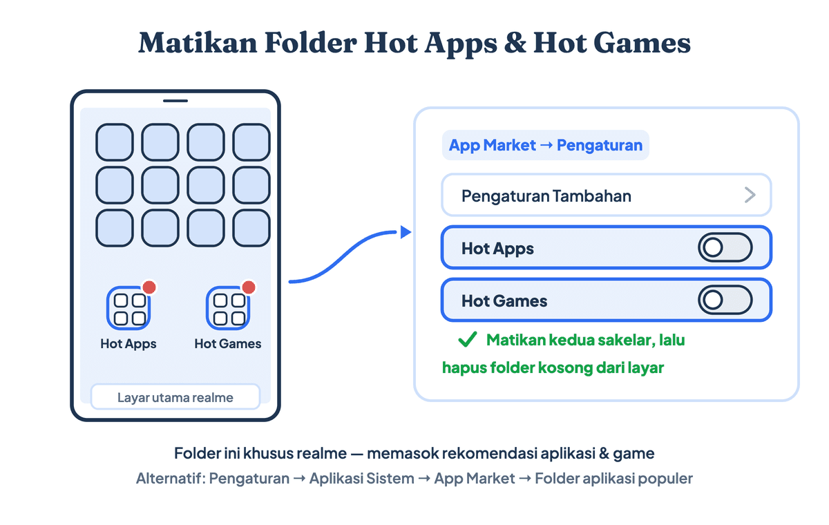 Cara mematikan folder Hot Apps dan Hot Games di layar utama HP Realme lewat pengaturan App Market