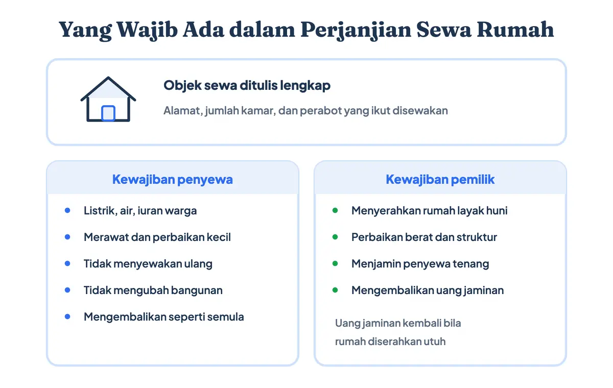 Isi surat perjanjian sewa rumah meliputi jangka waktu, harga sewa, deposit, tanggung jawab perbaikan, dan larangan menyewakan ulang