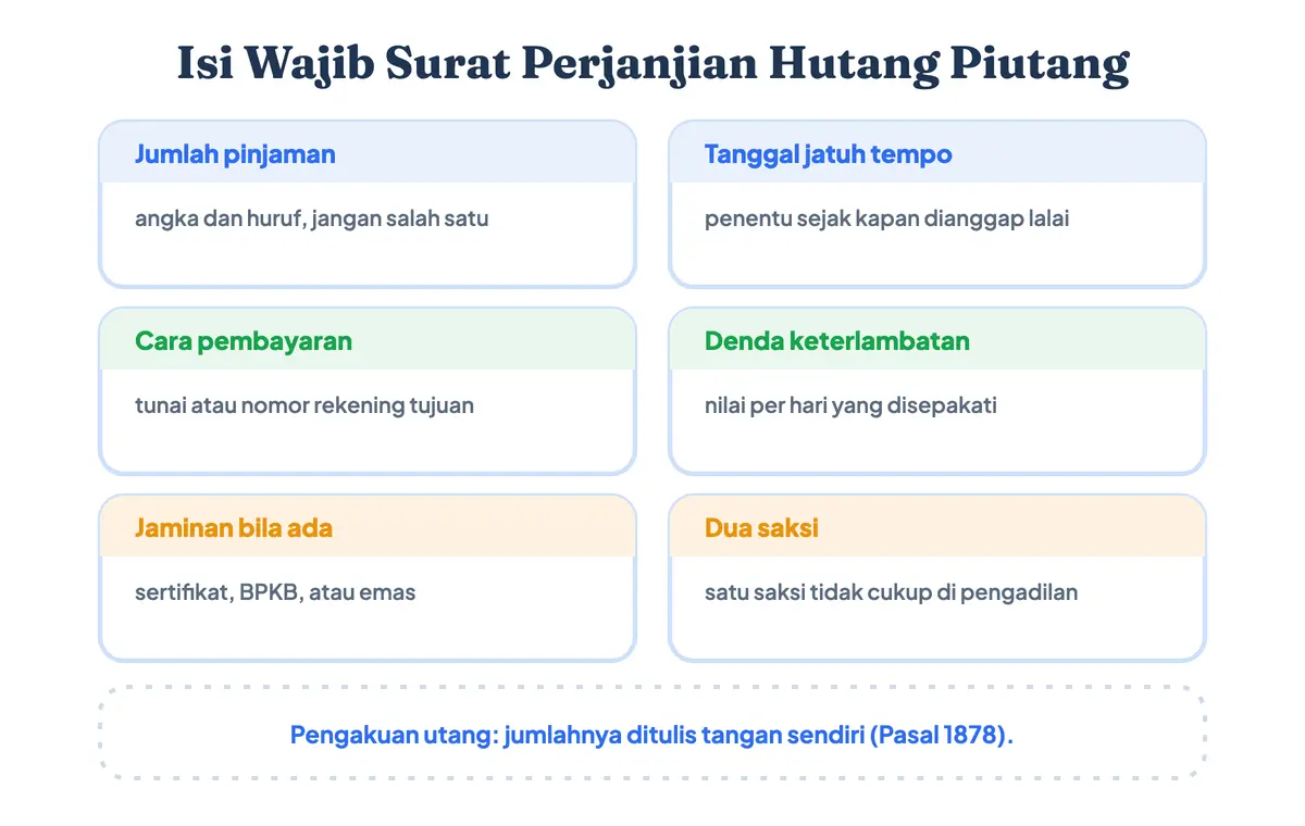 Isi wajib surat perjanjian hutang piutang yaitu jumlah pinjaman, tanggal jatuh tempo, cara pembayaran, jaminan, denda keterlambatan, dan dua saksi