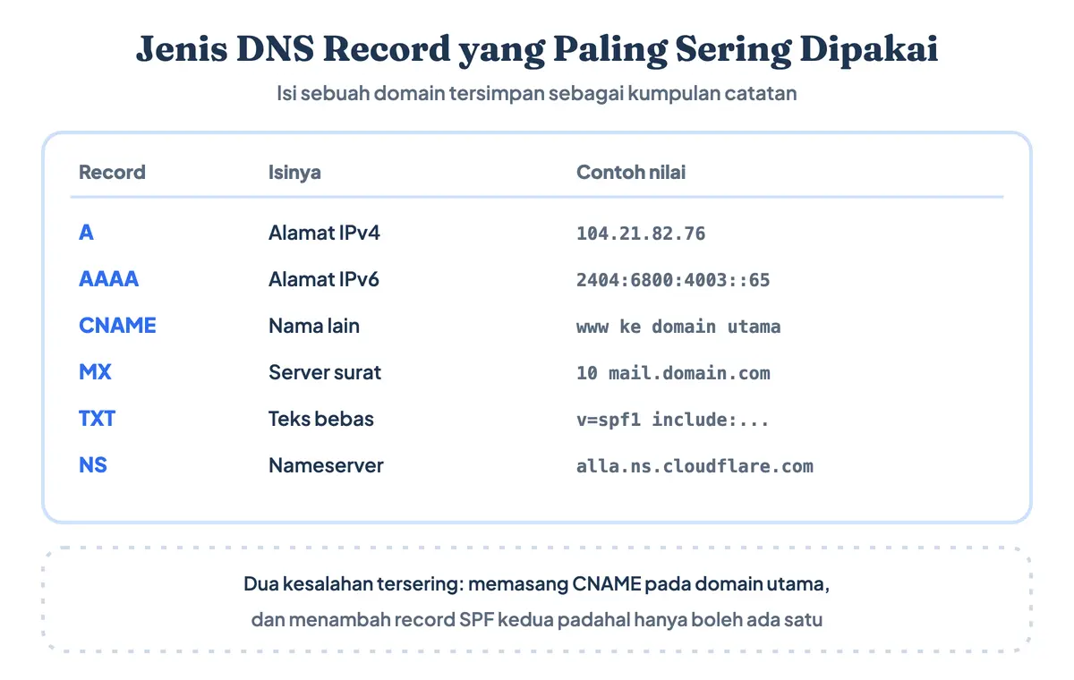 Jenis DNS record dalam satu zona DNS (DNS zone) sebuah domain: A record, AAAA, CNAME, MX record, TXT record, dan NS beserta isi dan contoh nilainya