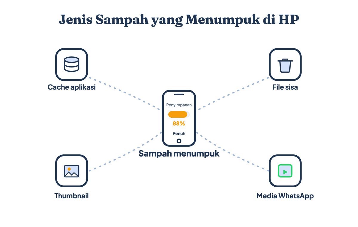 Jenis sampah yang menumpuk di HP: cache aplikasi, file sisa atau residual, thumbnail, dan file unduhan serta media WhatsApp