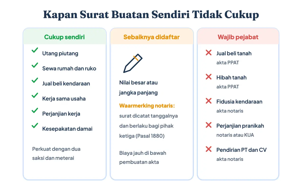 Alur memutuskan kapan surat perjanjian cukup dibuat sendiri, kapan perlu didaftarkan ke notaris, dan kapan wajib akta PPAT atau akta notaris